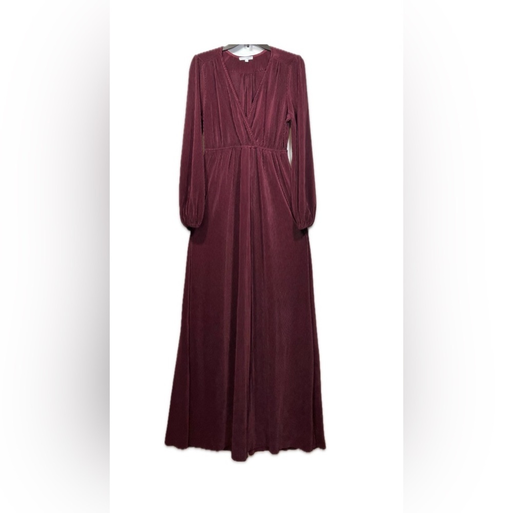 Baltic Born Venus Mulberry Satin Pleated Maxi Dress L V-Neck Long Sleeve